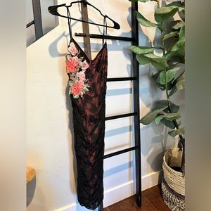 Betsey Johnson body hugging midi dress with floral embroidery and lace overlay